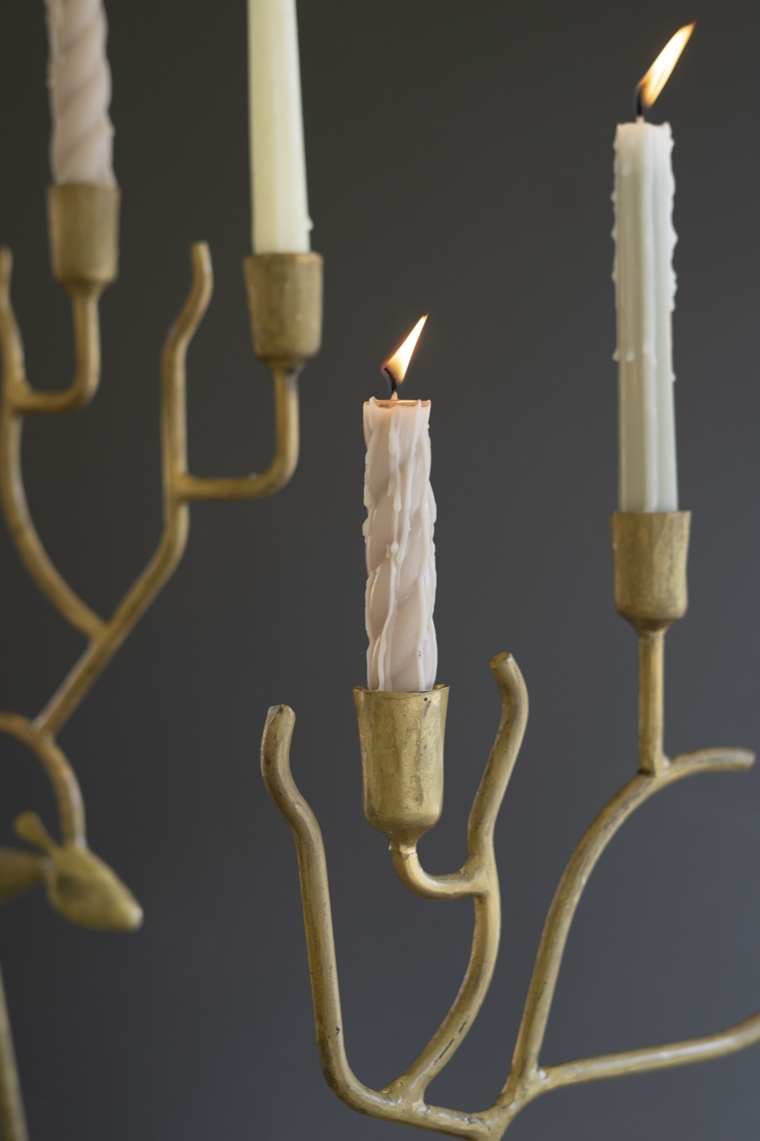Set of Two Antique Gold Forged Christmas Deer Candelabras