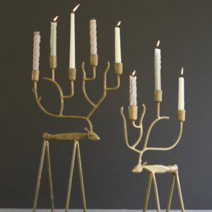 Set of Two Antique Gold Forged Christmas Deer Candelabras