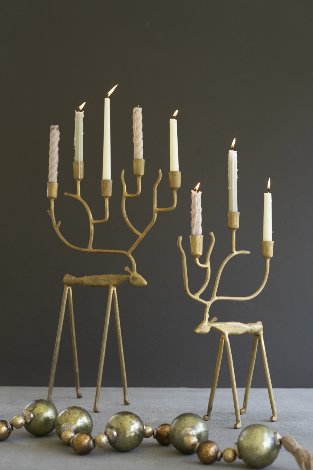 Set of Two Antique Gold Forged Christmas Deer Candelabras