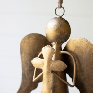 Antique Brass Angel Door Hanger Holding a Cross