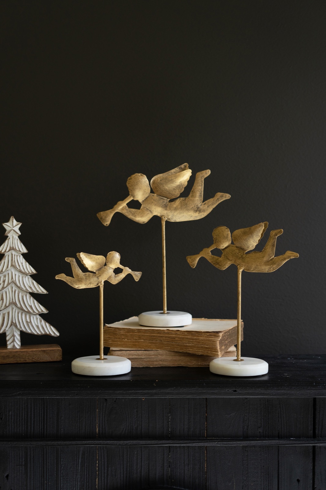 Set of Three Table Top Angels on Marble Bases
