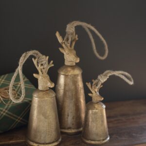 Set of 3 Antique Gold Metal Christmas Bells W Deer Finials