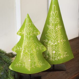 Set of Two Recycled Painted Metal Folk Christmas Trees