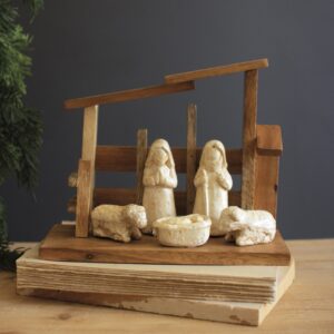 Wooden Nativity with Paper Mache Figures
