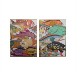 Set of Two Colorful Fish with Gold Frame Acrylic Painting