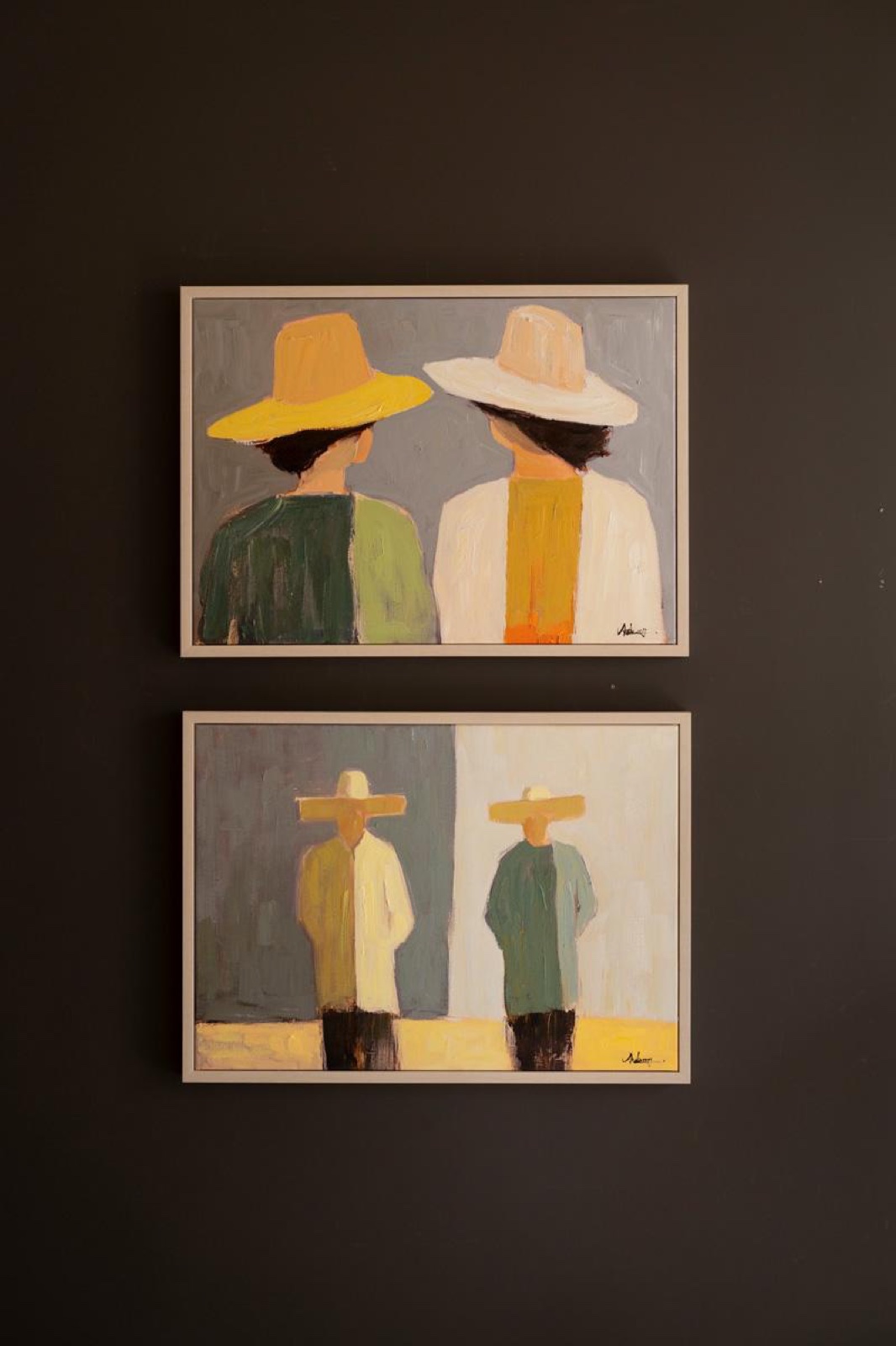 Set of Two Framed Men and Women in Hats Painting