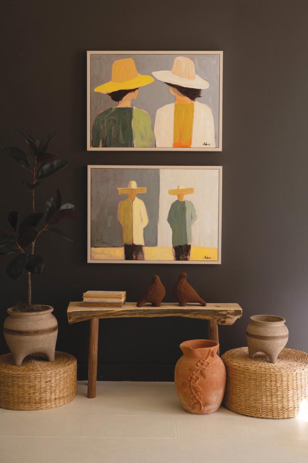 Set of Two Framed Men and Women in Hats Painting