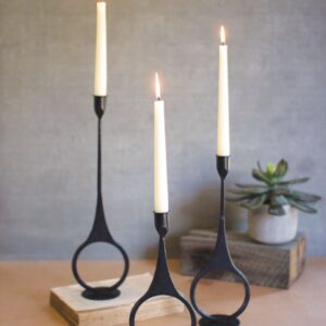 Set of Three Cast Iron Taper Candle Holders W Ring Detail