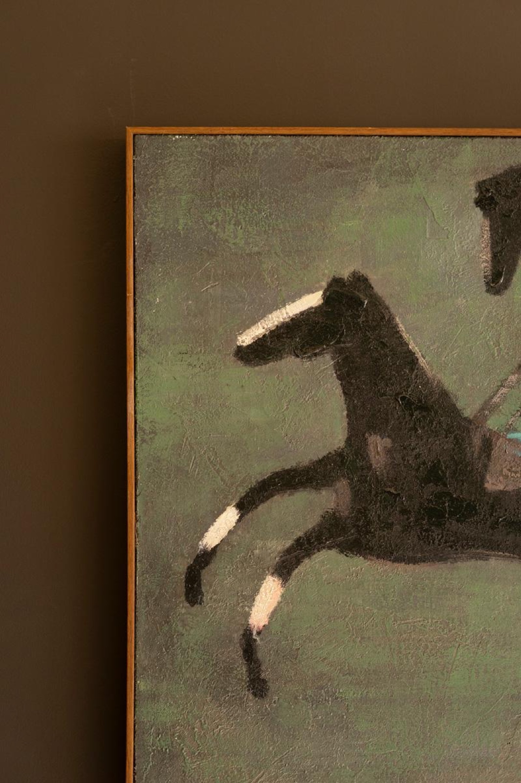 Framed Paint Over Print Four Run Away Race Horses
