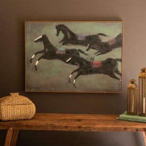 Framed Paint Over Print Four Run Away Race Horses