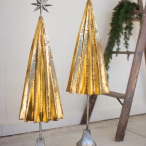 Set of Two Folded Gold Metal Trees with Silver Star