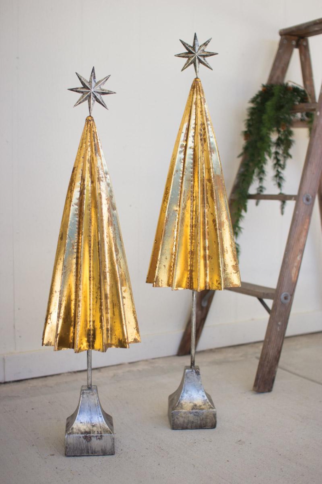 Set of Two Folded Gold Metal Trees with Silver Star