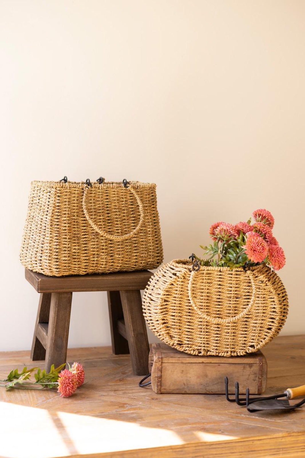 Set of 2 Woven Vine Baskets with Hinged Handles