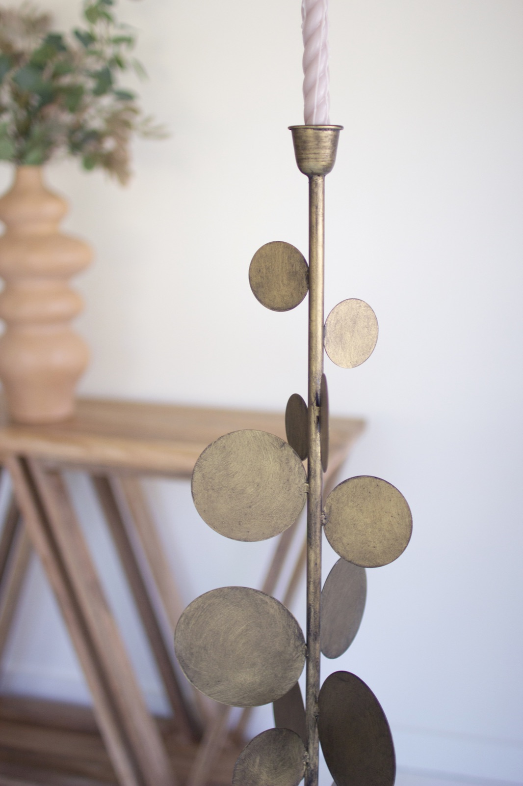 Set of Two Antique Brass Candle Holders with Round Discs Detail