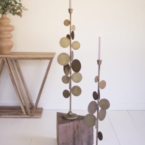 Set of Two Antique Brass Candle Holders with Round Discs Detail