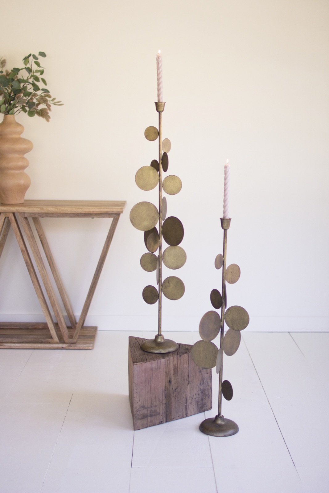 Set of Two Antique Brass Candle Holders with Round Discs Detail