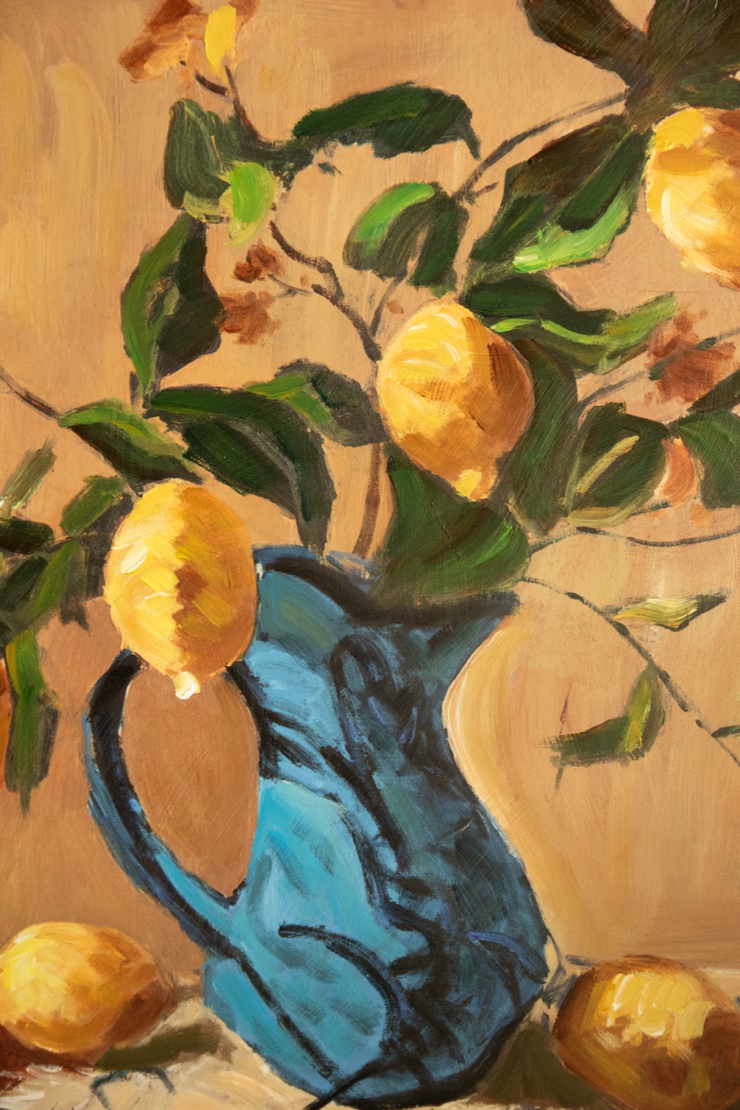 Framed Paint Over Print - Lemon Branch in a Blue Vase