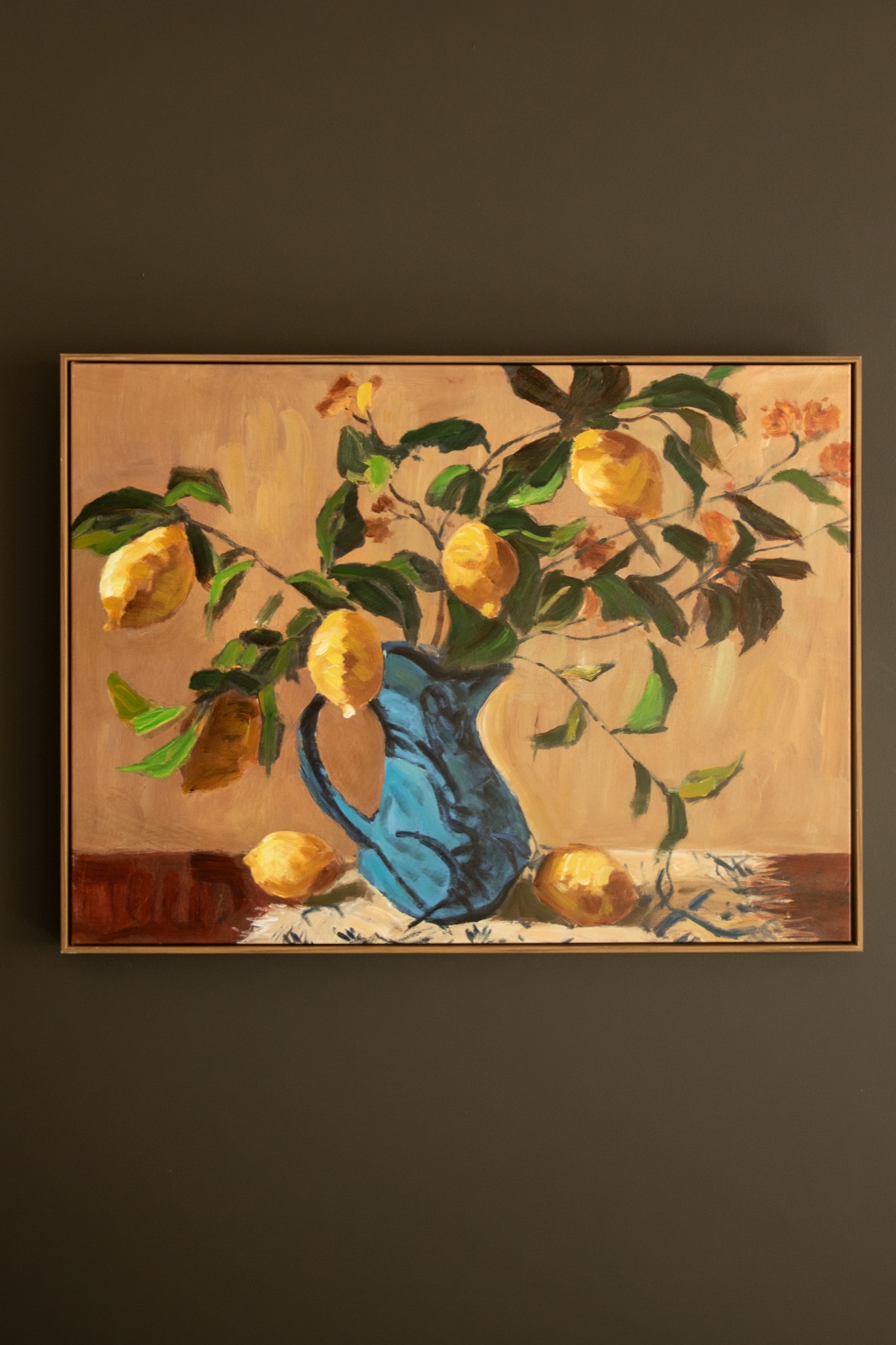 Framed Paint Over Print - Lemon Branch in a Blue Vase