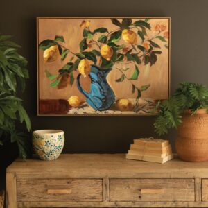 Framed Paint Over Print - Lemon Branch in a Blue Vase