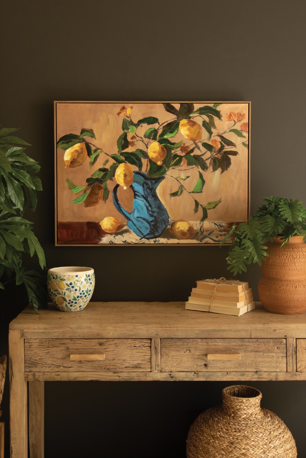 Framed Paint Over Print - Lemon Branch in a Blue Vase