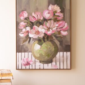 Framed Paint Over Print - Green Vase with Pink Flowers