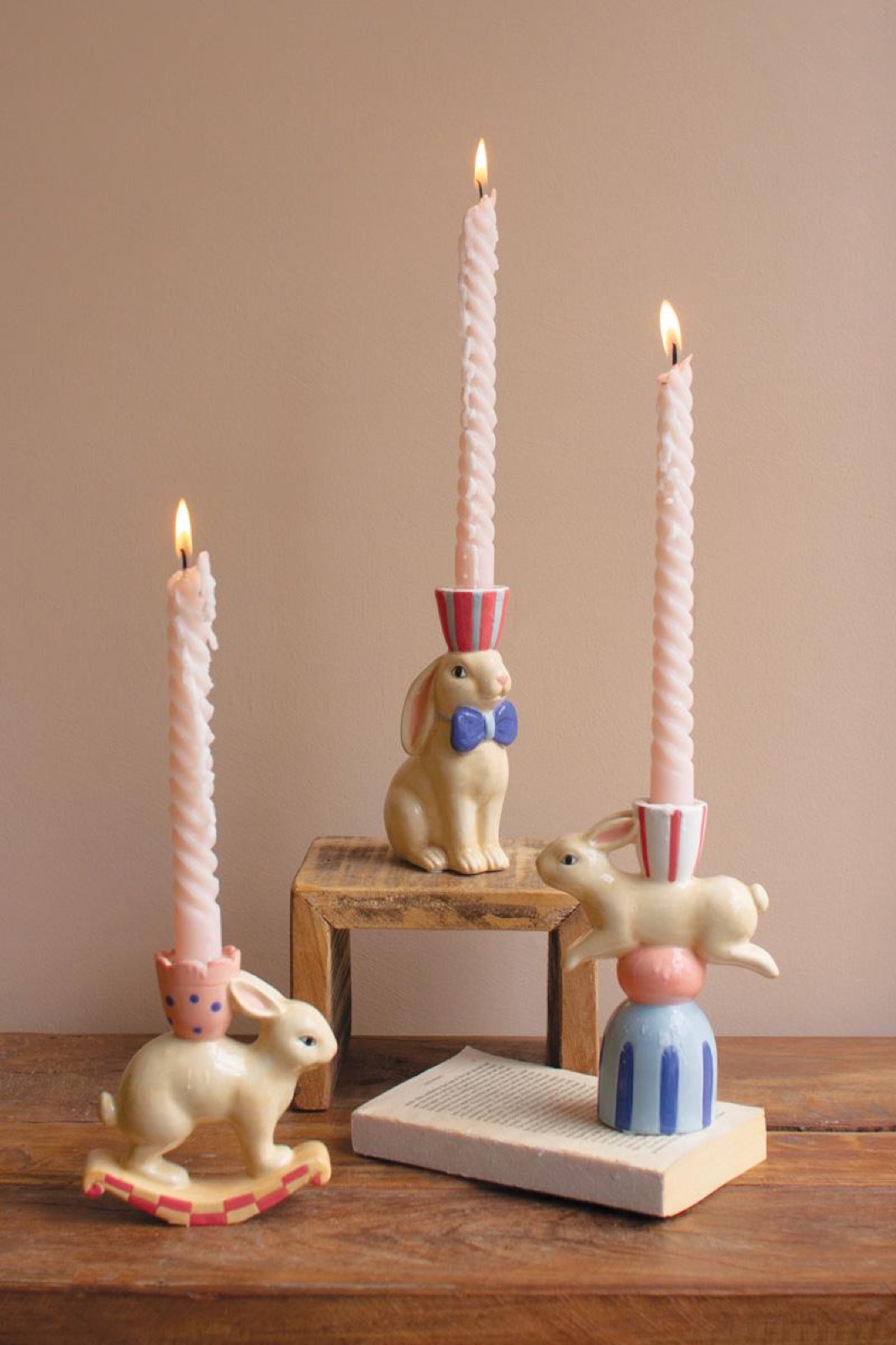 Set of Three Ceramic Easter Bunny Taper Candle Holders