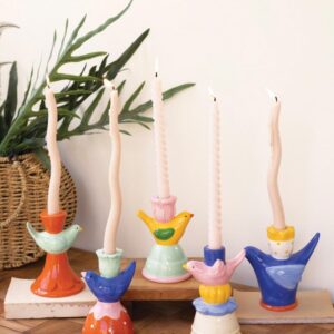 Set of Five Ceramic Birds Taper Candle Holders