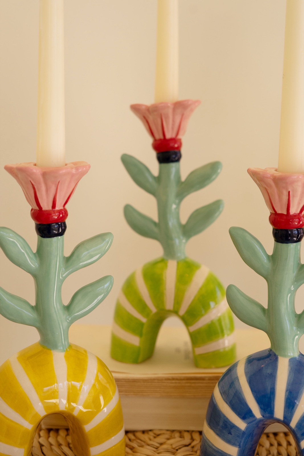 Set of Three Ceramic Flower Taper Candle Holders - One Each (min 2)
