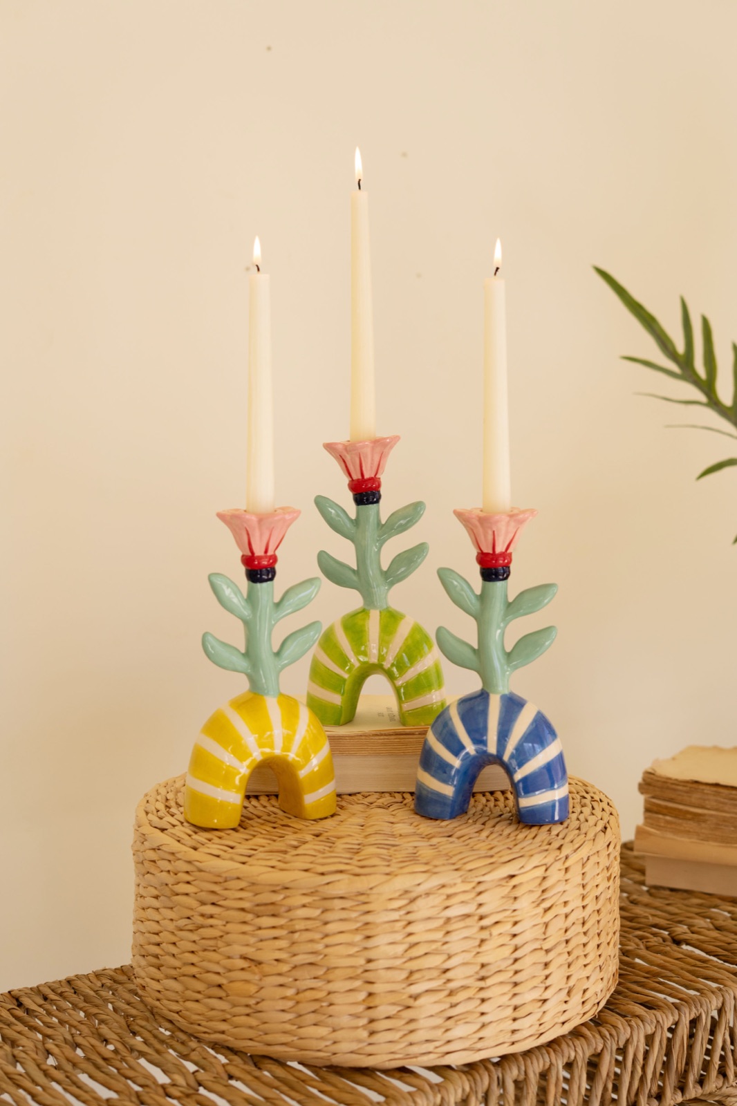 Set of Three Ceramic Flower Taper Candle Holders - One Each (min 2)
