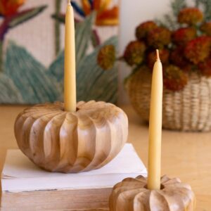 Set of Two Carved Teakwood Taper Candle Holders