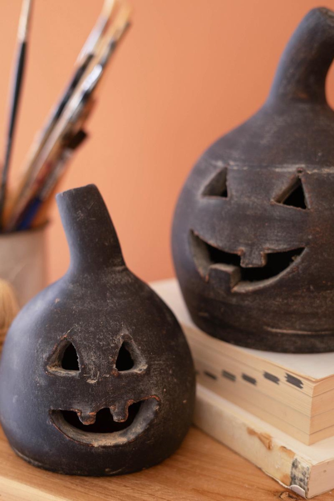 Set of Two Small Clay Jack-o-lanterns - Black