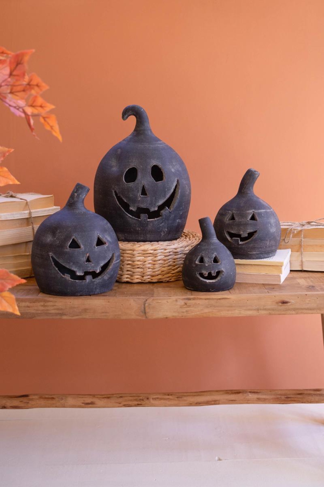 Set of Two Small Clay Jack-o-lanterns - Black
