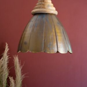 Antique Brass Pendant Light with Wood Detail 20" Dia.