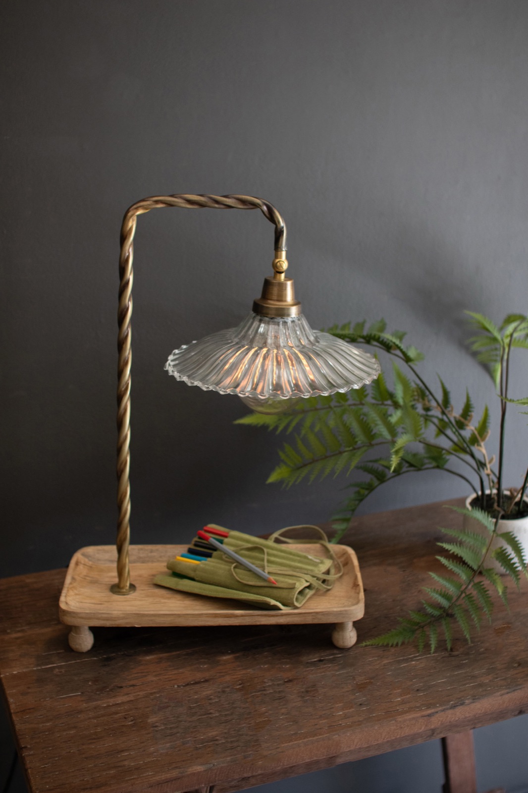 Table Lamp with Wooden Tray Base and Glass Shade