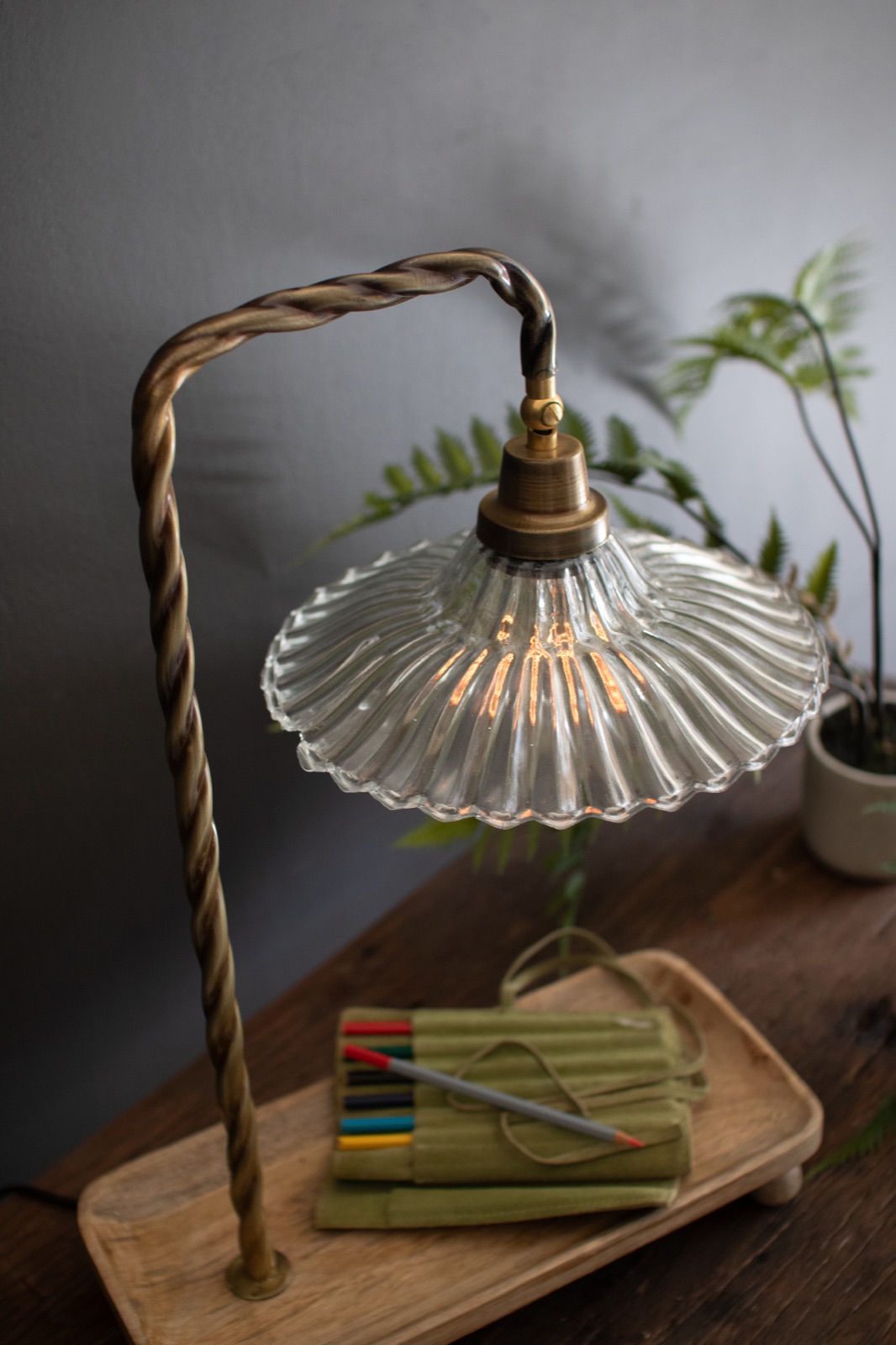 Table Lamp with Wooden Tray Base and Glass Shade