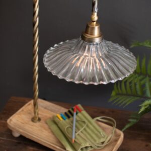Table Lamp with Wooden Tray Base and Glass Shade