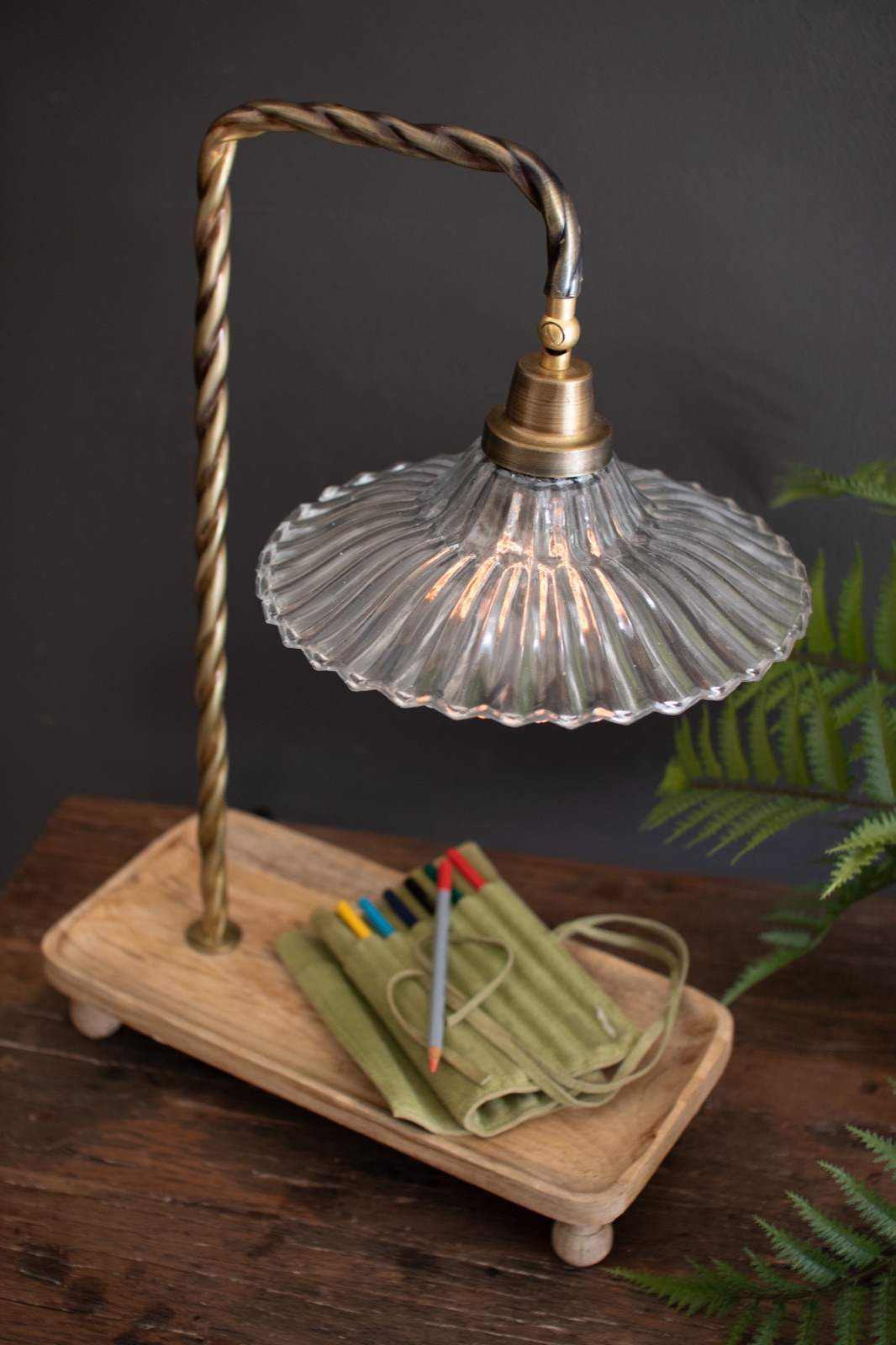 Table Lamp with Wooden Tray Base and Glass Shade