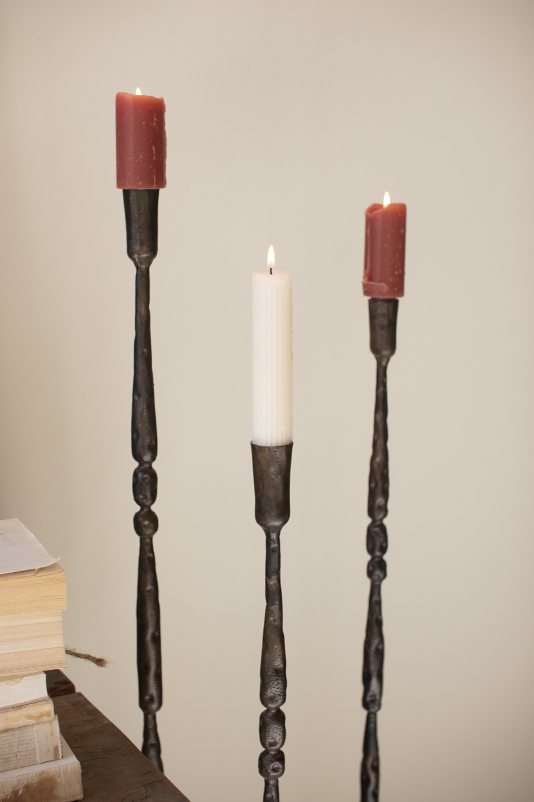 Set of 3 Tall Forged-iron Taper Candle Holders - Ant Brass