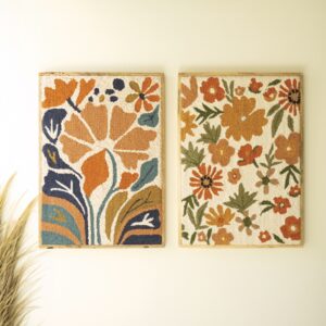 Set of Two Wood Framed Hand Hooked Wall Art - Florals