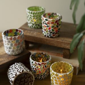 Set of Six Mosaic Glass Votive Holders