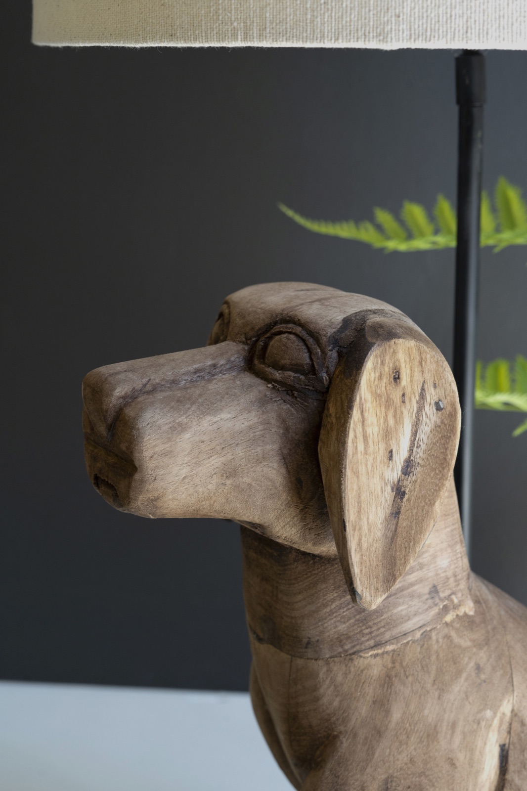 Mango Wood Dog Table Lamp with Fabric Shade