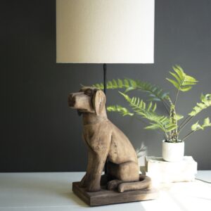 Mango Wood Dog Table Lamp with Fabric Shade