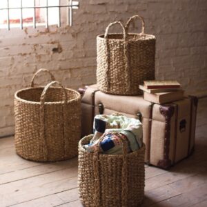 Set of 3 Round Braided Seagrass Storage Baskets W Handles
