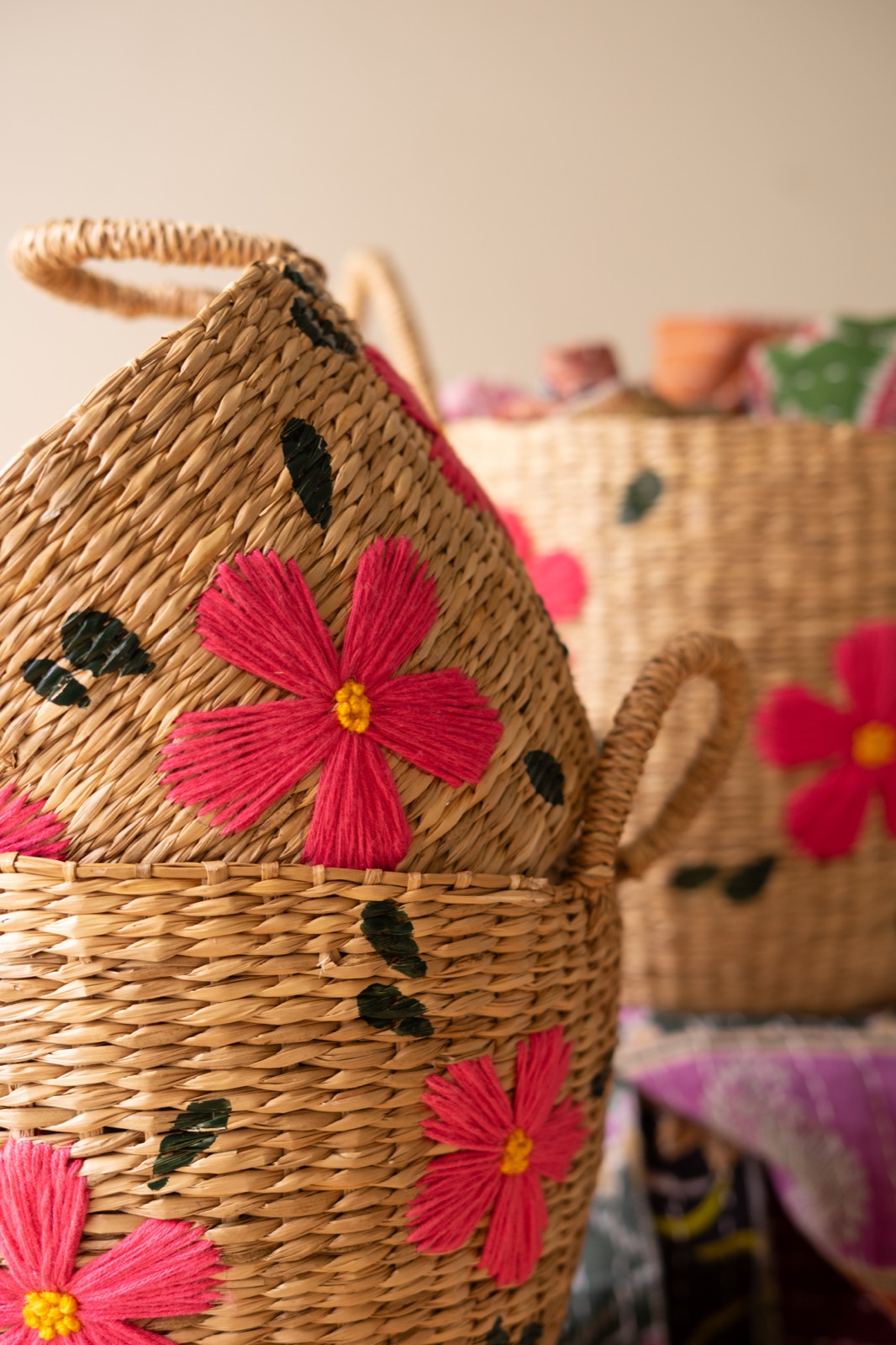 Set of Three Seagrass Baskets - Flowers