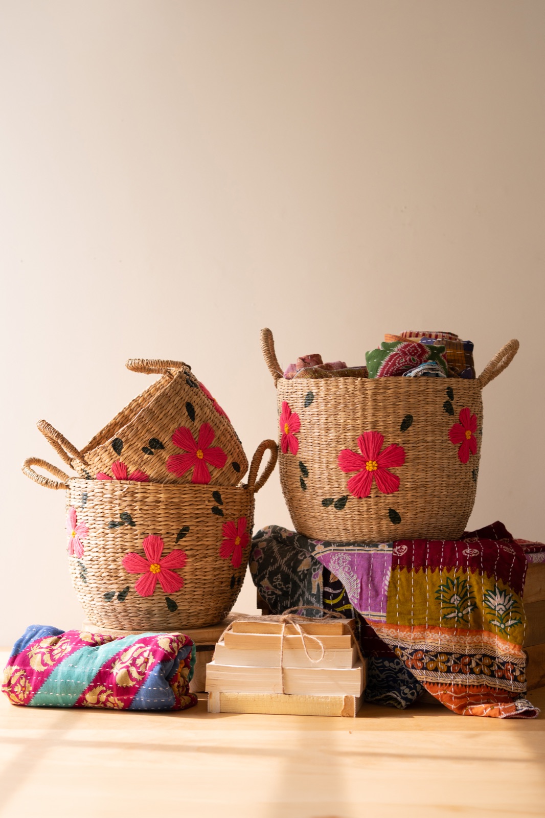 Set of Three Seagrass Baskets - Flowers