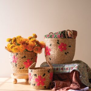 Set of Three Seagrass Baskets - Flowers
