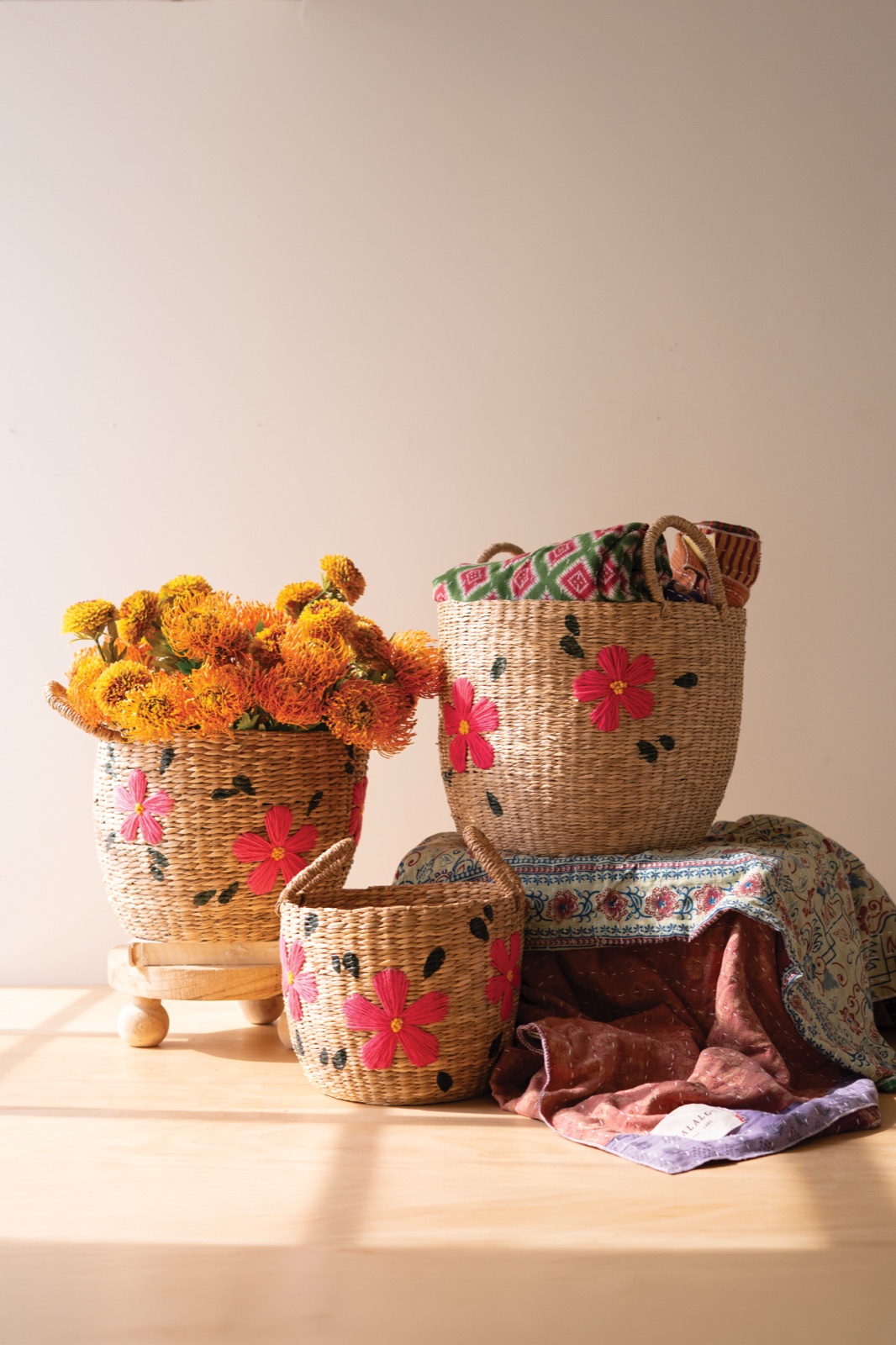Set of Three Seagrass Baskets - Flowers