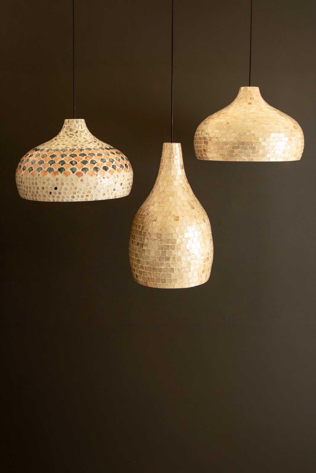 Spun Bamboo Pendant Light with Capiz Shell Detail #1